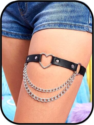 Heart Leg Garter with Chain, Black Adjustable Ring Garters, Punk Gothic Leather Thigh Belts for Women in Kuwait