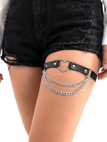 Heart Leg Garter with Chain, Black Adjustable Ring Garters, Punk Gothic Leather Thigh Belts for Women in Kuwait