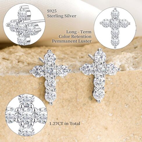 Moissanite Cross Stud Earrings, 1.27Ct, Round Cut D Color, VVS1 S925 Sterling Silver Moissanite Earrings, Valentines Anniversary Birthday Mothers Day Jewelry Christian Gifts in Saudi Arabia