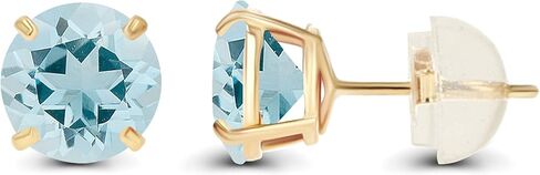 Genuine 10K Solid Yellow Gold 6mm Round Natural Aquamarine March Birthstone Stud Earrings in Saudi Arabia
