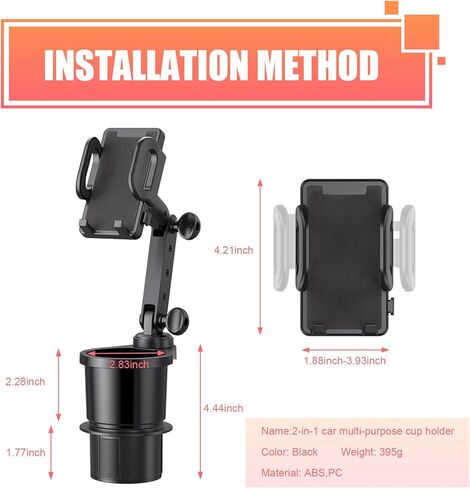 Car Cup Holder Mobile Phone Rack, Multi-Function 2 in 1 Cup Holder Expander, 360 Degrees Rotatable Automotive Phones Mount, Universal for Most Cars, Trucks, SUVs (Black) in Kuwait