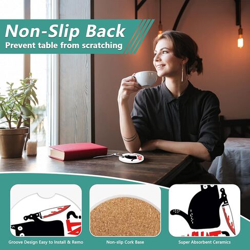 2 Pack Car Cup Holder Coasters - Black Cat Absorbent Ceramic Coaster, Car Coasters for Cup Holders, Car Interior Accessories for Women Men in Saudi Arabia