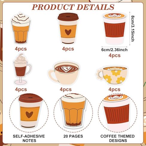 48Pcs Coffee Cup Sticky Notes Self-Stick Memo Pads Notepads&Black Ink Cute Ballpoint Pen Coffee Lovers Themed Supplies Gifts for School Office Teacher Student Employee Class Reward in Kuwait