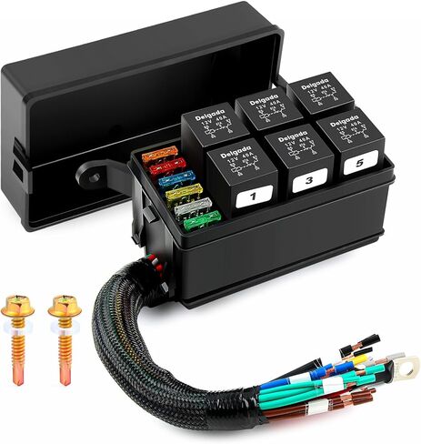 صندوق ترحيل Delgada 12 فولت 6 فتحات صندوق ترحيل الصمامات المقاوم للماء 6 طرق 12 AWG سلكي مسبقًا مع طرف من النوع O (5/16 بوصة) حامل فيوز شفرة ATC/ATO للسيارات البحرية RV in Saudi Arabia