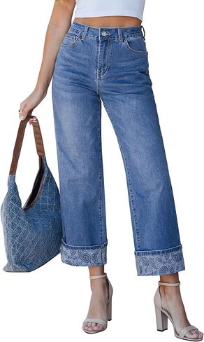 GRAPENT Wide Leg Jeans for Women Trendy Cropped High Waisted Printed Fold Hem Loose Straight Leg Stretchy Denim Pants in Saudi Arabia