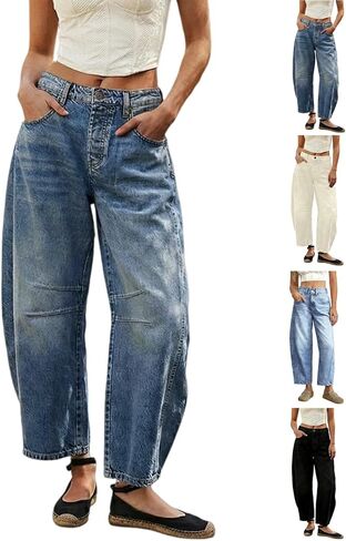 Barrel Jeans for Women Trendy Vintage Boyfriend Wide Leg Button Up Mid Rise Stretch Denim Ankle Pants Trouser in Saudi Arabia