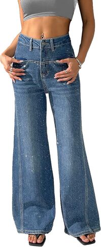 بنطلون جينز Palazzo نسائي واسع الساق من Yehopere فضفاض عالي الخصر من قماش الدنيم اللامع وحجر الراين فضفاض من Boyfriend Jean in Kuwait