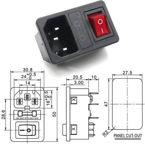 وحدة مدخل طاقة تيار متردد مثبتة على لوحة مكونة من 3 قطع مع صمامات ومفتاح متأرجح وضوء أحمر، مقبس IEC C14 بقدرة 250 فولت 10 أمبير، تركيب إضافي للحاوية الكهربائية in Kuwait