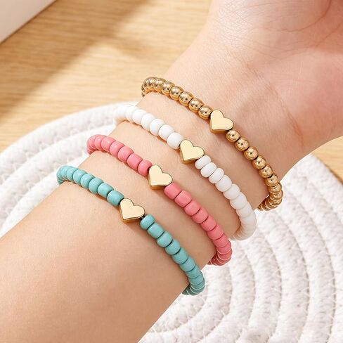 Bohemian Heart Beaded Bracelets for Women 4 Pack Multi Layer Stretch Bracelet Set Stackable Layered Adjustable Friendship Bracelets in Saudi Arabia
