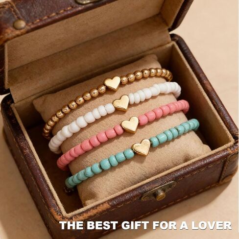 Bohemian Heart Beaded Bracelets for Women 4 Pack Multi Layer Stretch Bracelet Set Stackable Layered Adjustable Friendship Bracelets in Saudi Arabia