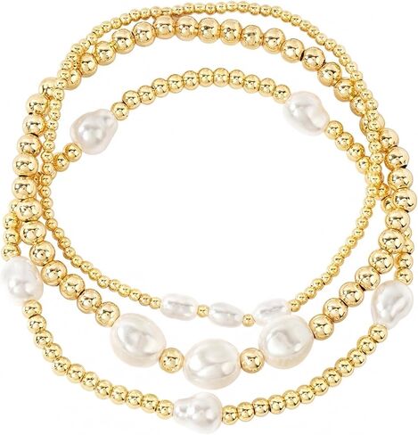 Gold Beaded Bracelet Stack for Women - 14K Gold Plated Beads Stretch Pearl Bracelets Set, Non Tarnish Trendy Stackable Jewelry Gifts for Birthday Beach Vacation Prom Friendship in Kuwait