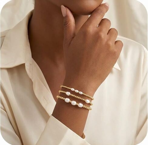 Gold Beaded Bracelet Stack for Women - 14K Gold Plated Beads Stretch Pearl Bracelets Set, Non Tarnish Trendy Stackable Jewelry Gifts for Birthday Beach Vacation Prom Friendship in Kuwait