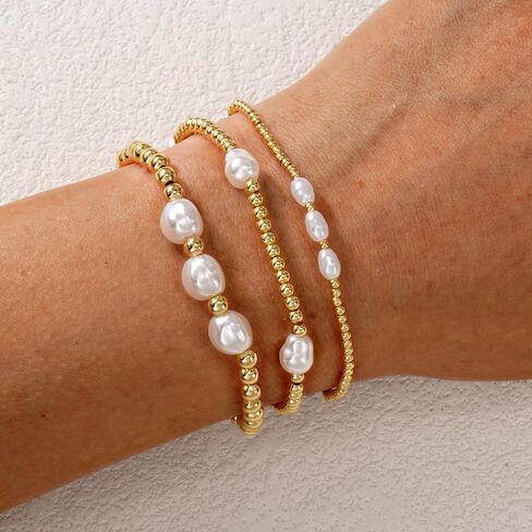 Gold Beaded Bracelet Stack for Women - 14K Gold Plated Beads Stretch Pearl Bracelets Set, Non Tarnish Trendy Stackable Jewelry Gifts for Birthday Beach Vacation Prom Friendship in Kuwait