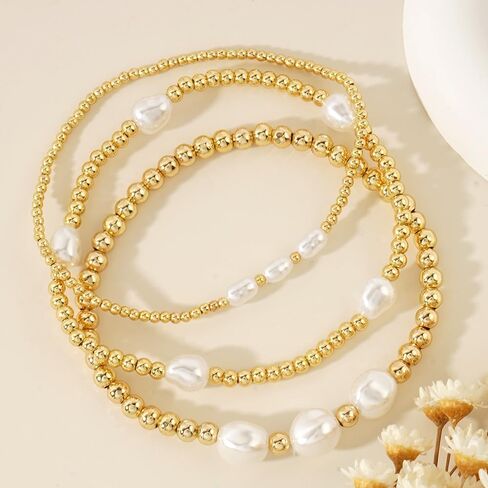 Gold Beaded Bracelet Stack for Women - 14K Gold Plated Beads Stretch Pearl Bracelets Set, Non Tarnish Trendy Stackable Jewelry Gifts for Birthday Beach Vacation Prom Friendship in Kuwait