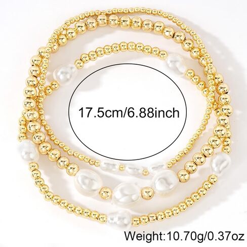 Gold Beaded Bracelet Stack for Women - 14K Gold Plated Beads Stretch Pearl Bracelets Set, Non Tarnish Trendy Stackable Jewelry Gifts for Birthday Beach Vacation Prom Friendship in Kuwait