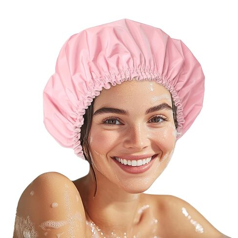 Shower Cap for Women, Double Layer Waterproof Bath Cap, Reusable Hair Protector, Large Waterproof Shower Bonnet Washable Elastic Band Bath Hair Hat for Long Hair, Braids， - Pink in Kuwait