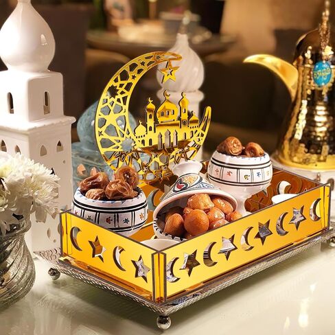 ديكورات رمضان من الأكريليك للمنزل، عيد مبارك كريم، صواني تقديم رمضان، علامة طاولة، علامة نجمة مجوفة على شكل قمر لحفلات المسلمين، ديكور الطاولة، ديكور فني حرفي، صينية مركزية in Kuwait