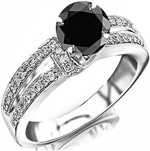 0.85 قيراط t.w 14K الذهب الأبيض التواء سبليت شانك خاتم الخطوبة الماس المعاصر مع 0.5 قيراط جولة قطع الماس الأسود جودة الإرث in Kuwait