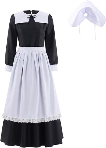 Historical Colonial Costume Pioneer Maid Apron Dress Pilgrim Women Costume Fancy Dress with Bonnet in Kuwait