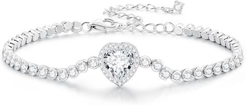 Silver Bracelets for Women - 925 Sterling Silver Heart CZ Bracelet - Adjustable Delicate Cubic Zirconia Jewelry with Gift Box - Gift for Her Wife Girlfriend in Saudi Arabia