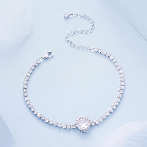 Silver Bracelets for Women - 925 Sterling Silver Heart CZ Bracelet - Adjustable Delicate Cubic Zirconia Jewelry with Gift Box - Gift for Her Wife Girlfriend in Saudi Arabia