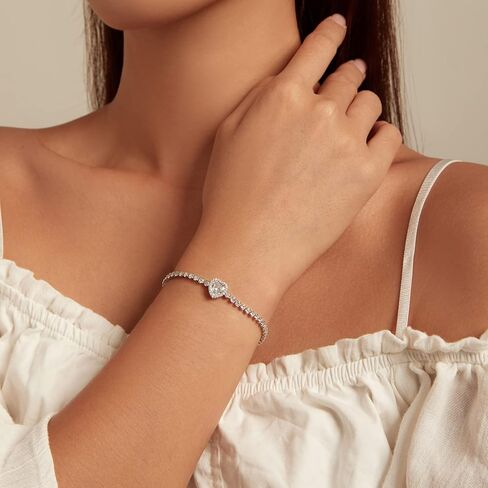 Silver Bracelets for Women - 925 Sterling Silver Heart CZ Bracelet - Adjustable Delicate Cubic Zirconia Jewelry with Gift Box - Gift for Her Wife Girlfriend in Saudi Arabia