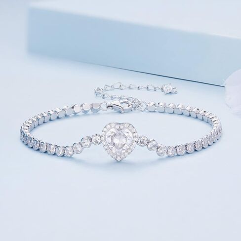 Silver Bracelets for Women - 925 Sterling Silver Heart CZ Bracelet - Adjustable Delicate Cubic Zirconia Jewelry with Gift Box - Gift for Her Wife Girlfriend in Saudi Arabia