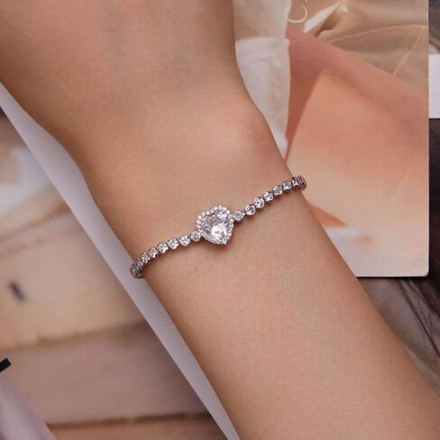 Silver Bracelets for Women - 925 Sterling Silver Heart CZ Bracelet - Adjustable Delicate Cubic Zirconia Jewelry with Gift Box - Gift for Her Wife Girlfriend in Saudi Arabia