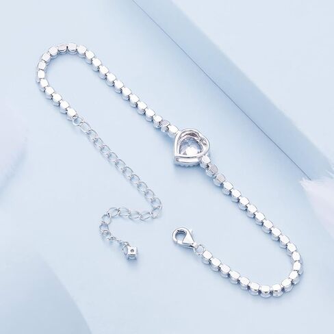 Silver Bracelets for Women - 925 Sterling Silver Heart CZ Bracelet - Adjustable Delicate Cubic Zirconia Jewelry with Gift Box - Gift for Her Wife Girlfriend in Saudi Arabia