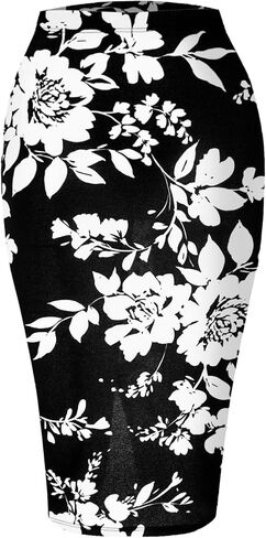SSOULM Women's Work Office Stretchy Fitted Midi Pencil Skirt with FLOWERBLACK Slit and Plus SizeFLOWERBLACK XL in Kuwait