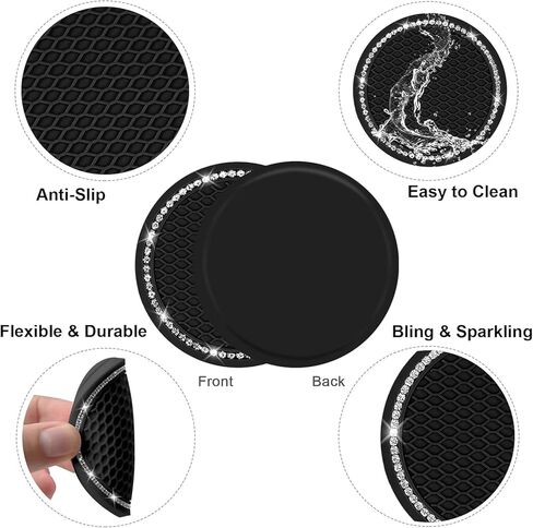 Car Cup Holder Coasters 2-Pack, 2.75 Inch Universal Bling Crystal Rhinestone Anti-Slip Silicone Auto Interior Accessories for Women in Kuwait