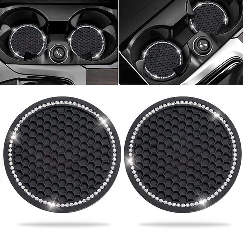 Car Cup Holder Coasters 2-Pack, 2.75 Inch Universal Bling Crystal Rhinestone Anti-Slip Silicone Auto Interior Accessories for Women in Kuwait