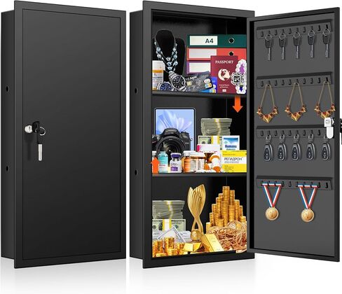 خزنة حائط طويلة 25.6 بوصة بين الأزرار، صندوق آمن مخفي قابل للقفل مع خطافات لمفاتيح المجوهرات، آمن على الحائط للأشياء الثمينة والأدوية، أسود in Kuwait