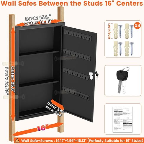 خزنة حائط طويلة 25.6 بوصة بين الأزرار، صندوق آمن مخفي قابل للقفل مع خطافات لمفاتيح المجوهرات، آمن على الحائط للأشياء الثمينة والأدوية، أسود in Kuwait