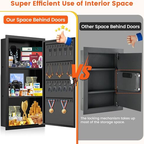 خزنة حائط طويلة 25.6 بوصة بين الأزرار، صندوق آمن مخفي قابل للقفل مع خطافات لمفاتيح المجوهرات، آمن على الحائط للأشياء الثمينة والأدوية، أسود in Kuwait