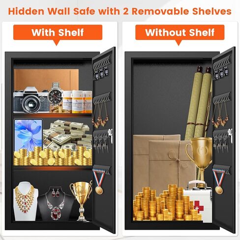 خزنة حائط طويلة 25.6 بوصة بين الأزرار، صندوق آمن مخفي قابل للقفل مع خطافات لمفاتيح المجوهرات، آمن على الحائط للأشياء الثمينة والأدوية، أسود in Kuwait
