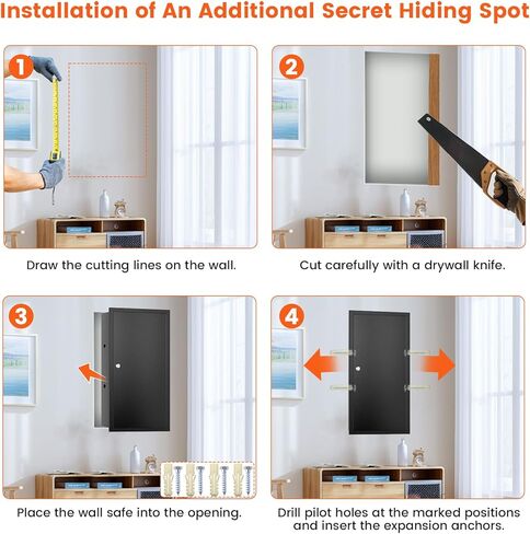 خزنة حائط طويلة 25.6 بوصة بين الأزرار، صندوق آمن مخفي قابل للقفل مع خطافات لمفاتيح المجوهرات، آمن على الحائط للأشياء الثمينة والأدوية، أسود in Kuwait