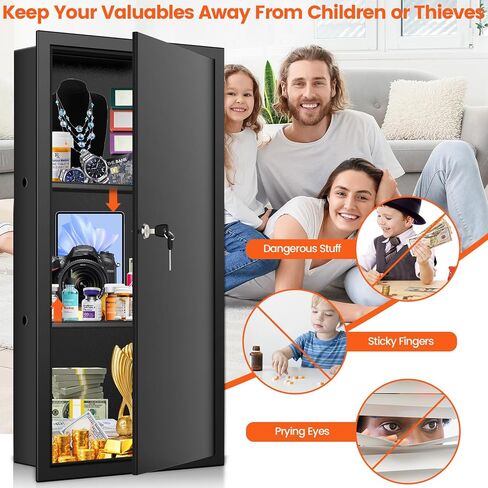خزنة حائط طويلة 25.6 بوصة بين الأزرار، صندوق آمن مخفي قابل للقفل مع خطافات لمفاتيح المجوهرات، آمن على الحائط للأشياء الثمينة والأدوية، أسود in Kuwait