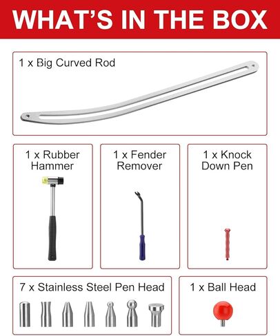 طقم أدوات سحب انبعاجات السيارة مكون من 11 قطعة، أدوات إصلاح أضرار هيكل السيارة بدون طلاء مع قضيب منحني، عتلة، مطرقة مطاطية، أقلام قابلة للفصل والإصلاح، رؤوس بديلة in Kuwait