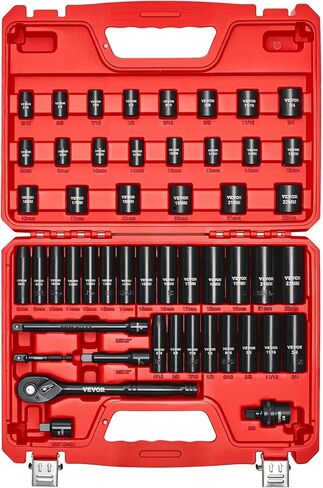 VEVOR Impact Socket Set 3/8" Drive, 50-Piece Standard SAE (5/16 to 3/4 inch) & Metric (8 to 22 mm) Size, Deep & Shallow, 6 Point, CR-V, Extension Bars, Universal Joint, Reducer, Hex Shank Adapter in Kuwait