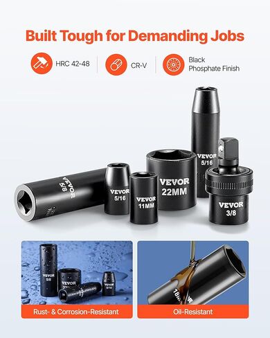 VEVOR Impact Socket Set 3/8" Drive, 50-Piece Standard SAE (5/16 to 3/4 inch) & Metric (8 to 22 mm) Size, Deep & Shallow, 6 Point, CR-V, Extension Bars, Universal Joint, Reducer, Hex Shank Adapter in Kuwait