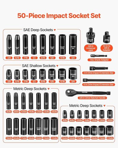 VEVOR Impact Socket Set 3/8" Drive, 50-Piece Standard SAE (5/16 to 3/4 inch) & Metric (8 to 22 mm) Size, Deep & Shallow, 6 Point, CR-V, Extension Bars, Universal Joint, Reducer, Hex Shank Adapter in Kuwait