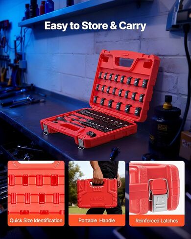 VEVOR Impact Socket Set 3/8" Drive, 50-Piece Standard SAE (5/16 to 3/4 inch) & Metric (8 to 22 mm) Size, Deep & Shallow, 6 Point, CR-V, Extension Bars, Universal Joint, Reducer, Hex Shank Adapter in Kuwait
