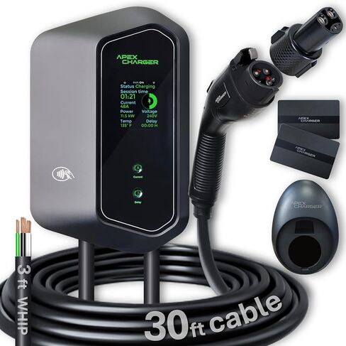 MACH 2:Fast Level 2 EV Charger 48 amp Garage-pro Wall-Mount. Electric Vehicle Charging Station 4 Nema 14-50 Outlet. J1772 car Connector. Key Accessories: 30ft Cable & Tesla NACS evse Portable Adapter in Kuwait
