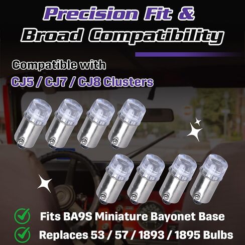 طقم استبدال لمبة LED مجموعة 8 قطع لعداد السرعة لسيارة Jeep CJ5 CJ7 CJ8 Scrambler، قاعدة حربة مصغرة BA9S، 4 مصابيح LED بيضاء / 2 خضراء / 2 حمراء، تعزز وضوح لوحة القيادة in Kuwait