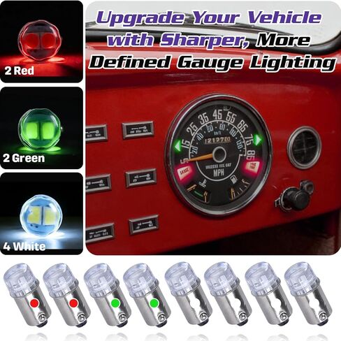 طقم استبدال لمبة LED مجموعة 8 قطع لعداد السرعة لسيارة Jeep CJ5 CJ7 CJ8 Scrambler، قاعدة حربة مصغرة BA9S، 4 مصابيح LED بيضاء / 2 خضراء / 2 حمراء، تعزز وضوح لوحة القيادة in Kuwait