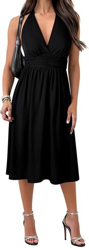 Womens Halter Neck Deep V-Neck Midi Dress with Built-in Bra Pockets Backless Tie Waist Sleeveless A-Line Dresses in Kuwait