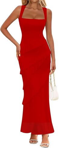 فستان HOCILLE نسائي مثير برقبة مربعة أنيق بدون أكمام مكشكش وحفلات الكوكتيل in Kuwait