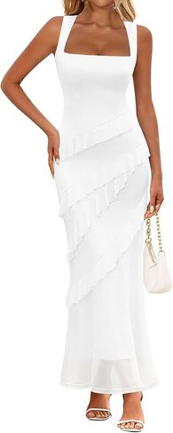 HOCILLE Women's Sexy Square Neck Elegant Bodycon Sleeveless Ruffle Maxi Dresses Cocktail Party Dress in Saudi Arabia