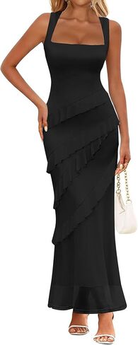 HOCILLE Women's Sexy Square Neck Elegant Bodycon Sleeveless Ruffle Maxi Dresses Cocktail Party Dress in Saudi Arabia